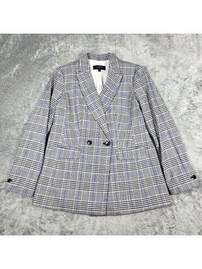 Talbots Blazer 4 P Black White Blue Glen Plaid Double Breasted Jacket Office